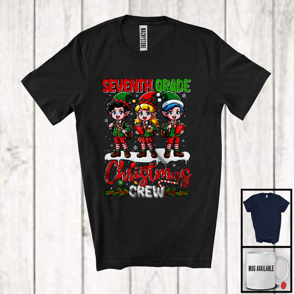 MacnyStore - Seventh Grade Christmas Crew; Amazing Christmas Three Elf Students Snow; X-mas Teacher Group T-Shirt