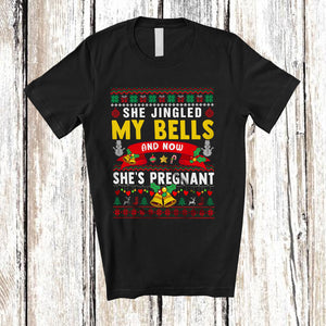 MacnyStore - She Jingled His Bells And Now I'm Pregnant; Amusing Christmas Sweater Bells; Pregnancy Couple T-Shirt