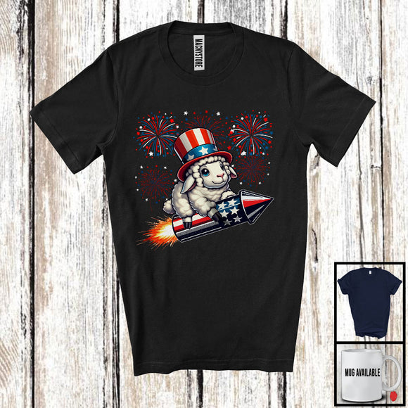 MacnyStore - Sheep Riding Firecracker, Humorous 4th Of July USA Fireworks, Patriotic Farm Animal Farmer T-Shirt