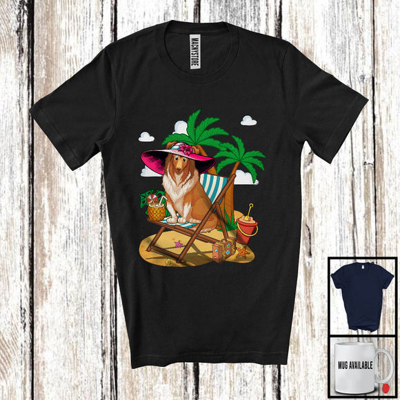 MacnyStore - Sheltie On Beach, Adorable Summer Vacation Palm Tree, Travel Trip Family Group T-Shirt