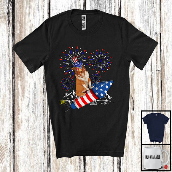 MacnyStore - Sheltie Riding Firecracker, Amazing 4th Of July American Flag Fireworks, Patriotic Group T-Shirt