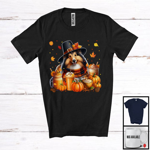 MacnyStore - Sheltie With Coffee Smoothie, Wonderful Thanksgiving Pumpkins Drinks Fall Leaves T-Shirt