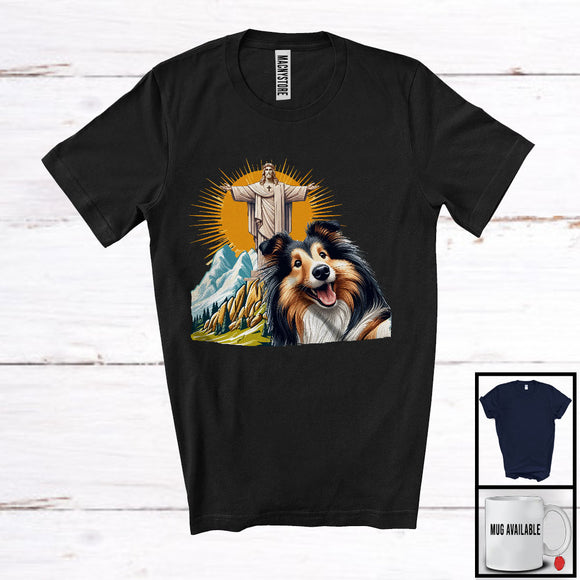 MacnyStore - Shetland Sheepdog Selfie With Jesus Statue; Lovely Shetland Sheepdog Owner; Family Group T-Shirt