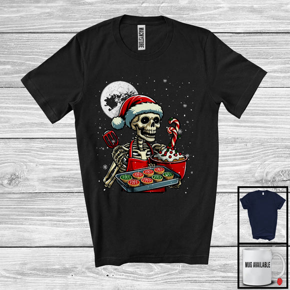 MacnyStore - Skeleton Baking; Humorous Christmas Santa Skeleton Baking Baker; X-mas Moon Snowing T-Shirt