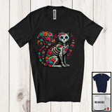 MacnyStore - Skeleton Cat Sugar Skull; Colorful Dia De Los Muertos Animal; Mexican Family Proud Proud T-Shirt