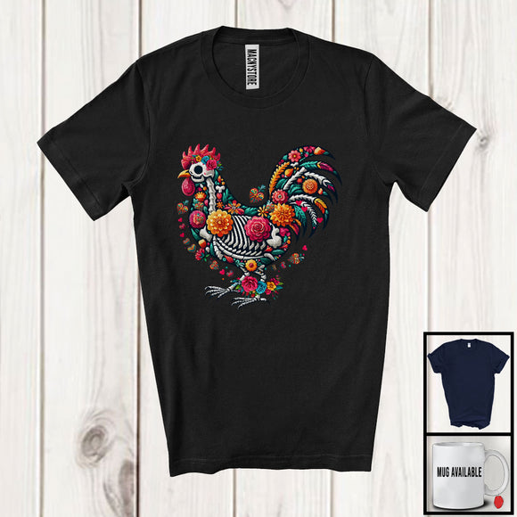 MacnyStore - Skeleton Chicken Sugar Skull; Colorful Dia De Los Muertos Animal; Mexican Family Proud Proud T-Shirt