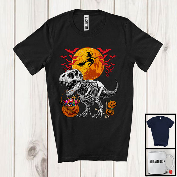 MacnyStore - Skeleton Dinosaur Holding Carved Pumpkin; Horror Halloween Moon T-Rex Candy; Family Group T-Shirt