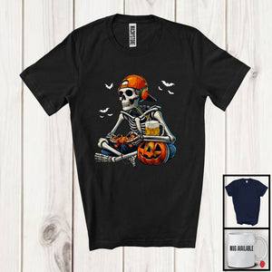 MacnyStore - Skeleton Drinking Beer And Playing Video Games; Scary Halloween Pumpkin; Drunker Gamer T-Shirt