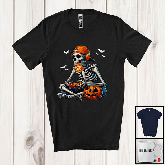 MacnyStore - Skeleton Eating Pizza And Playing Video Games; Scary Halloween Pumpkin; Pizza Food Lover T-Shirt