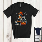 MacnyStore - Skeleton Eating Pizza And Playing Video Games; Scary Halloween Pumpkin; Pizza Food Lover T-Shirt