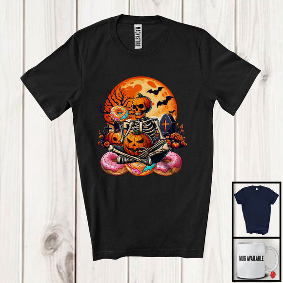 MacnyStore - Skeleton On Donut, Creepy Halloween Moon Skeleton Pumpkin Face, Matching Donut Lover T-Shirt
