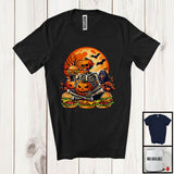 MacnyStore - Skeleton On Hamburger, Creepy Halloween Moon Skeleton Pumpkin Face, Matching Hamburger Lover T-Shirt