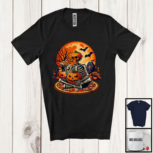 MacnyStore - Skeleton On Pizza, Creepy Halloween Moon Skeleton Pumpkin Face, Matching Pizza Lover T-Shirt
