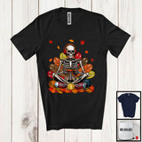 MacnyStore - Skeleton Playing Video Games; Humorous Thanksgiving Skeleton Turkey; Fall Leaves Boys Gamer T-Shirt