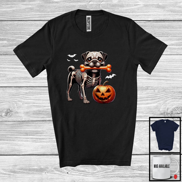 MacnyStore - Skeleton Pug Gnawing Bone; Scary Halloween Costume Pug Owner; Family Group T-Shirt