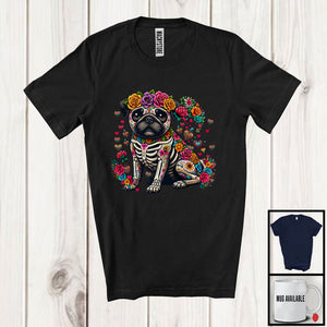 MacnyStore - Skeleton Pug Sugar Skull; Colorful Dia De Los Muertos Animal; Mexican Family Proud Proud T-Shirt