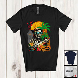 MacnyStore - Skeleton Sunglasses Surfing; Humorous Halloween Costume Hawaiian Skeleton; Pumpkins Surfer T-Shirt