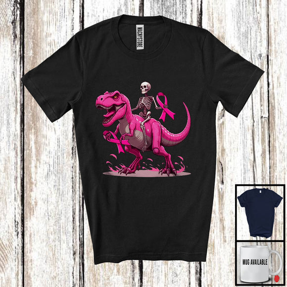 MacnyStore - Skeleton T-Rex Holding Pink Ribbon; Scary Halloween Breast Cancer Awareness Dinosaur; Family T-Shirt