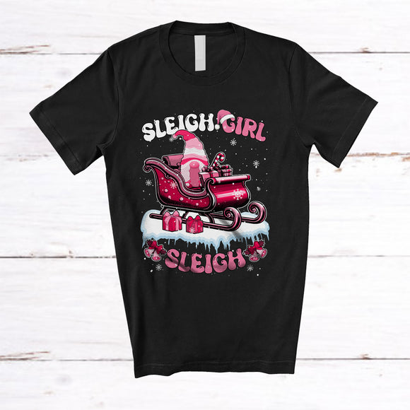 MacnyStore - Sleigh Girl; Awesome Christmas Groovy Pink Gnomes Lover; X-mas Snowing Family Group T-Shirt