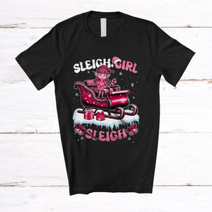 MacnyStore - Sleigh Girl; Awesome Christmas Groovy Pink Little Girl Elf; X-mas Snowing Family Group T-Shirt