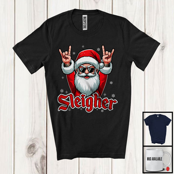 MacnyStore - Sleigher; Cheerful Christmas Santa Sunglasses Rock Music Lover; X-mas Family Group T-Shirt