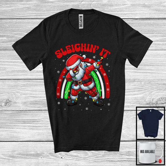 MacnyStore - Sleighin' It; Joyful Christmas Lights Dabbing Santa Rainbow; Snowing Family Group T-Shirt