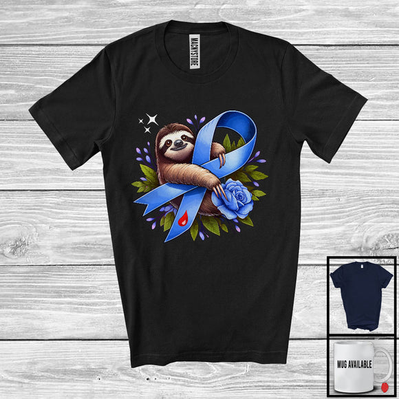 MacnyStore - Sloth Hanging On Blue Ribbon; Adorable Diabetes Awareness Sloth Animal; Blue Flowers T-Shirt