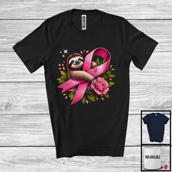 MacnyStore - Sloth Hanging On Pink Ribbon; Adorable Breast Cancer Awareness Sloth Animal; Pink Flowers T-Shirt