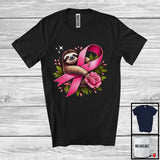 MacnyStore - Sloth Hanging On Pink Ribbon; Adorable Breast Cancer Awareness Sloth Animal; Pink Flowers T-Shirt