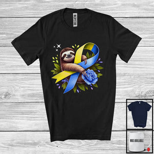 MacnyStore - Sloth Hanging On Yellow Blue Ribbon; Adorable Down Syndrome Awareness Sloth Animal; Flowers T-Shirt