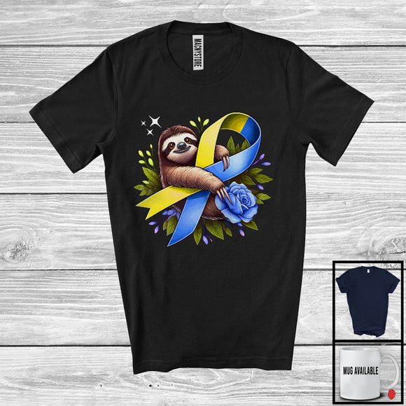 MacnyStore - Sloth Hanging On Yellow Blue Ribbon; Adorable Down Syndrome Awareness Sloth Animal; Flowers T-Shirt