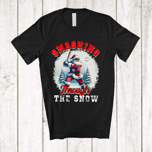 MacnyStore - Smashing Through The Snow; Awesome Christmas Santa Baseball Player Team; Snowing Family T-Shirt