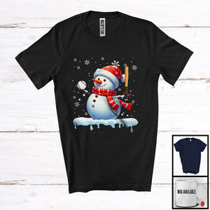 MacnyStore - Snowman Playing Baseball; Fantastic Christmas Santa Snowman; Baseball Sport Player Team T-Shirt