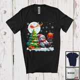 MacnyStore - Snowman Playing Basketball Team; Cheerful Christmas Tree Lights Snowing; X-mas Sport Player T-Shirt