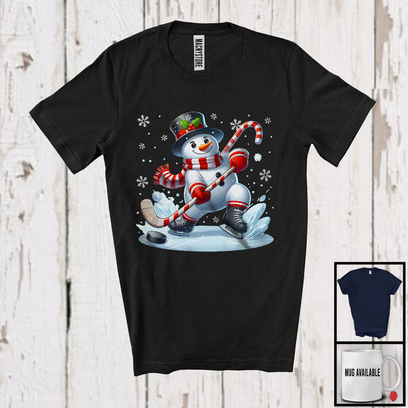 MacnyStore - Snowman Playing Hockey; Merry Christmas Snowing Santa Snowman; Sport Player Team T-Shirt