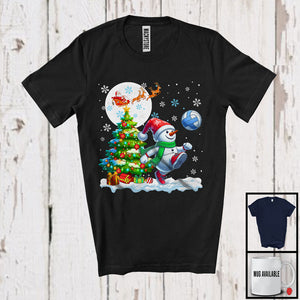 MacnyStore - Snowman Playing Volleyball Team; Cheerful Christmas Tree Lights Snowing; X-mas Sport Player T-Shirt