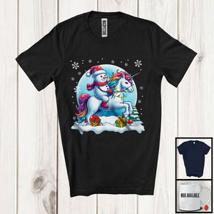 MacnyStore - Snowman Riding Unicorn; Awesome Christmas Lights Snowing Lover; X-mas Family Group T-Shirt