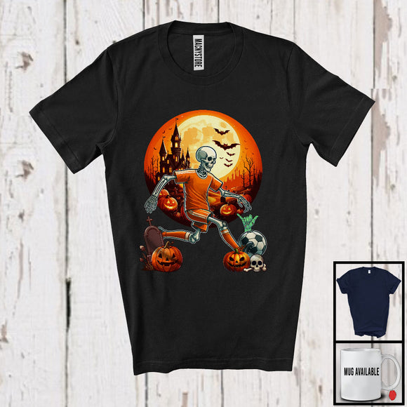 MacnyStore - Soccer Skeleton Player; Humorous Halloween Moon Skeleton Lover; Sport Playing Team T-Shirt