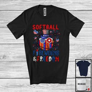 MacnyStore - Softball Fireworks And Freedom, Proud 4th Of July American Flag Sports Player, Patriotic T-Shirt