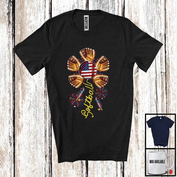 MacnyStore - Softball, Awesome 4th Of July American Flag Softball Player Playing Flower, Patriotic Group T-Shirt