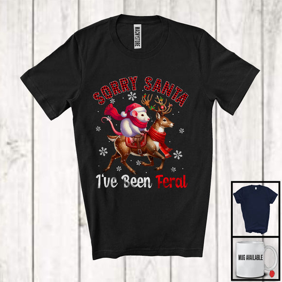 MacnyStore - Sorry Santa I've Been Feral; Awesome Christmas Plaid Santa Rat Riding Reindeer; Animal T-Shirt