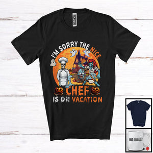 MacnyStore - Sorry The Nice Chef Is On Vacation, Sarcastic Halloween Zombie Chef, Skeleton Pumpkin T-Shirt