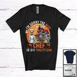 MacnyStore - Sorry The Nice Chef Is On Vacation, Sarcastic Halloween Zombie Chef, Skeleton Pumpkin T-Shirt