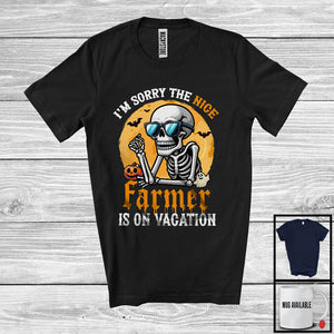 MacnyStore - Sorry The Nice Farmer Is On Vacation; Sarcastic Halloween Moon Skeleton Sunglasses T-Shirt