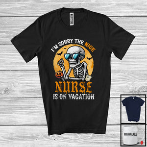 MacnyStore - Sorry The Nice Nurse Is On Vacation; Sarcastic Halloween Moon Skeleton Sunglasses T-Shirt