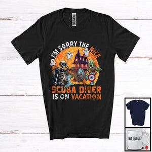 MacnyStore - Sorry The Nice Scuba Diver Is On Vacation, Sarcastic Halloween Zombie, Skeleton Pumpkin T-Shirt