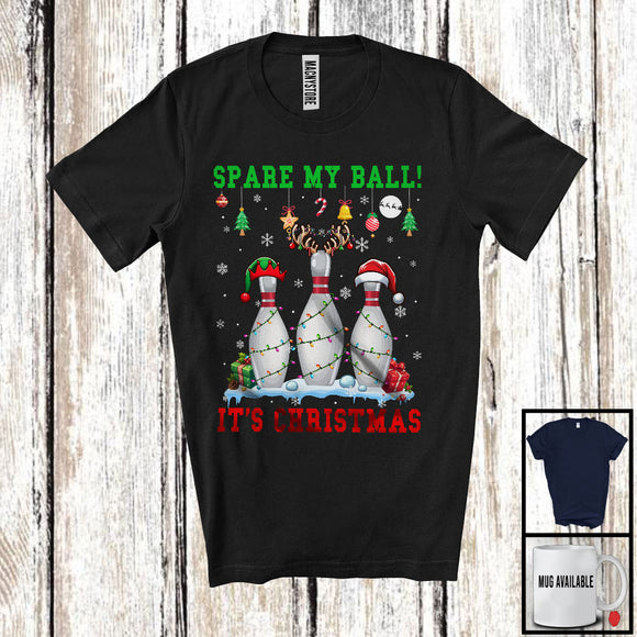 MacnyStore - Spare My Ball It's Christmas; Joyful X-mas Lights Reindeer Bowling Player; Snowing Sport Team T-Shirt