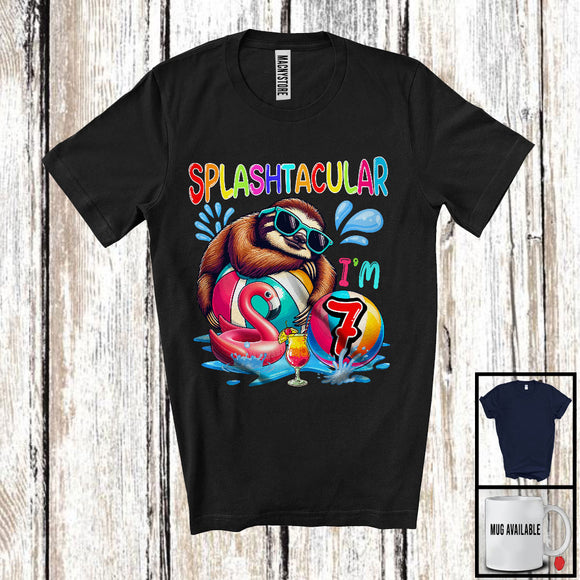 MacnyStore - Splashtacular I'm 7, Happy 7th Birthday Pool Party Cute Sloth Lover, Matching Family Group T-Shirt