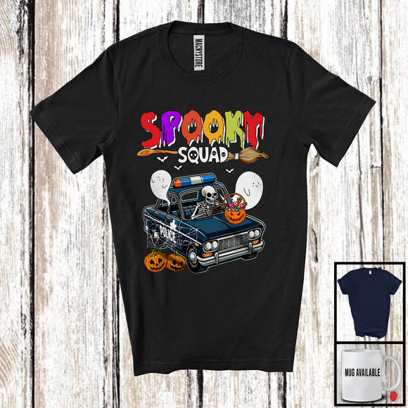 MacnyStore - Spooky Squad; Horror Halloween Skeleton Driving Police Car; Boo Pumpkin Candy Police Car Driver T-Shirt