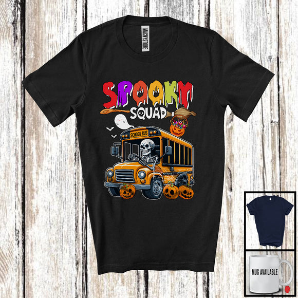 MacnyStore - Spooky Squad; Horror Halloween Skeleton Driving School Bus; Boo Pumpkin Candy School Bus Driver T-Shirt